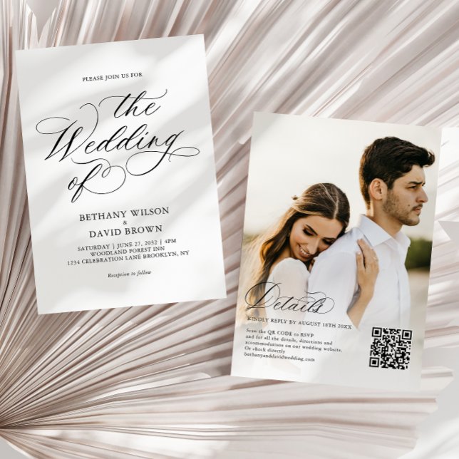Convite Casamento com Código QR de Foto de Caligrafia Negr (Criador carregado)
