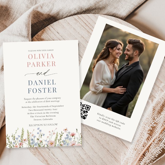 Convite Casamento com Código QR de Foto de Flor Silvestre  (Criador carregado)