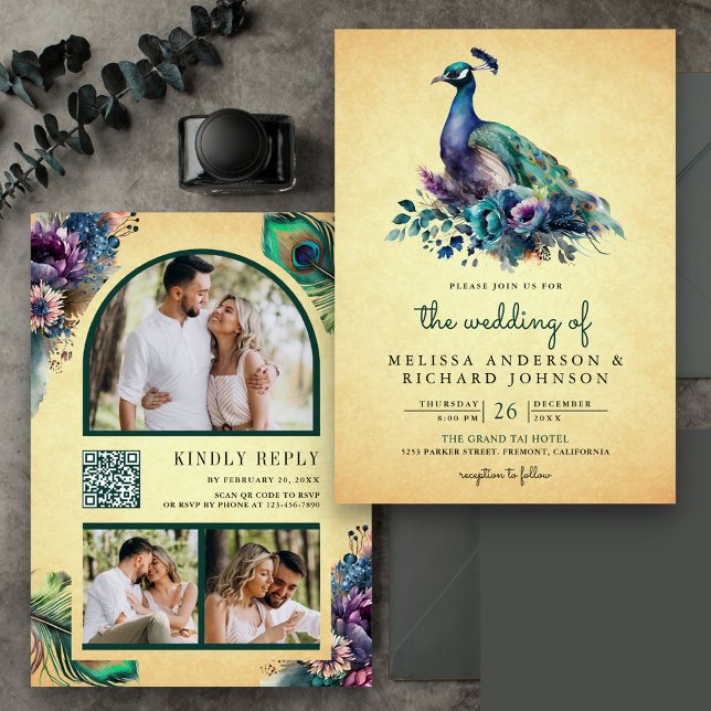 Convite Casamento com Código QR de Foto de Pavão Floral Vi (Criador carregado)