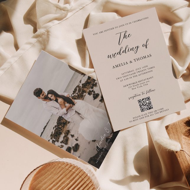 Convite Casamento com Código QR de Foto do Script de Creme (Criador carregado)