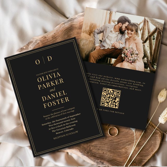 Convite Casamento com Código QR de Foto Dourada Elegante P (Criador carregado)