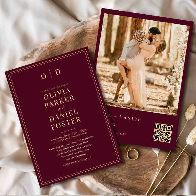 Convite Casamento com Código QR de Foto Dourado Moderno Bu (Criador carregado)