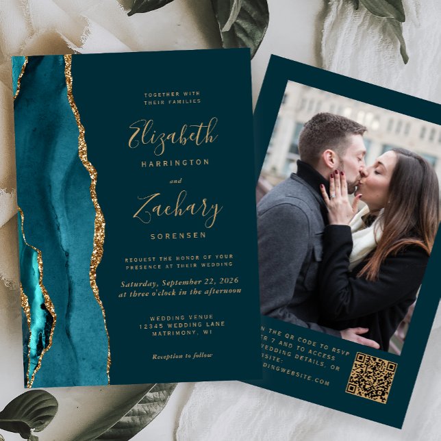 Convite Casamento com Código QR de Foto em Ágata Dourada A (Criador carregado)