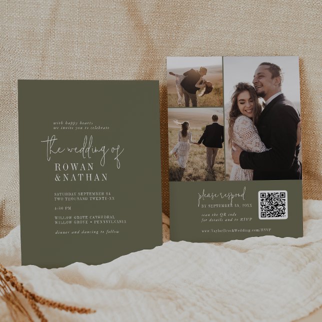 Convite Casamento com Código QR de Foto em Verde Oliva Mod (Modern Chic Olive Green QR Code Photo Wedding Invitation)
