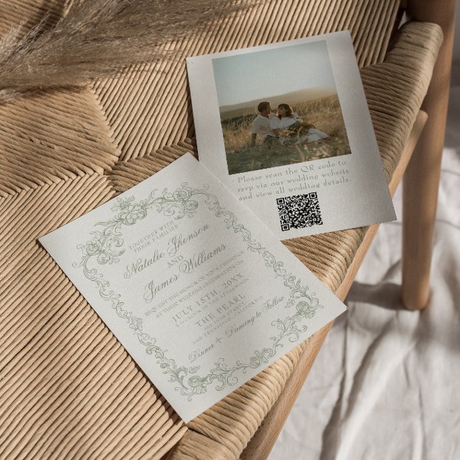Convite Casamento com Código QR de Foto em Verde Salvia An (Criador carregado)