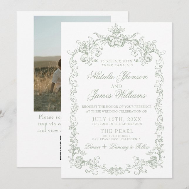 Convite Casamento com Código QR de Foto em Verde Salvia An (Frente/Verso)