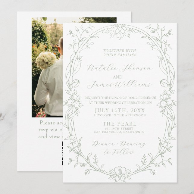 Convite Casamento com Código QR de Foto em Verde Salvia Cl (Frente/Verso)