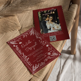 Convite Casamento com Código QR de Foto Floral Azul Vermel