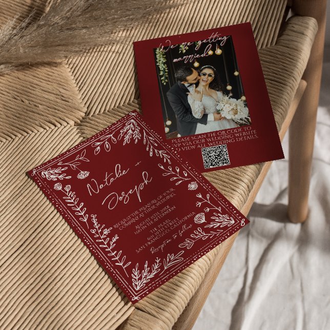 Convite Casamento com Código QR de Foto Floral Azul Vermel (Criador carregado)