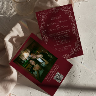 Convite Casamento com Código QR de Foto Floral de Borgonha