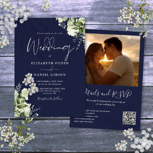 Convite Casamento com Código QR de Foto Floral em Azul Mar