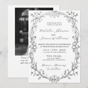Convite Casamento com Código QR de Foto Floral em Preto e