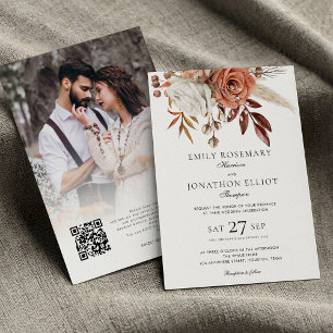 Convite Casamento com Código QR de Foto Floral em Terracot