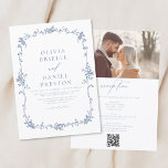 Convite Casamento com Código QR de Foto Francês Vintage vi<br><div class="desc">Traga seus convidados para uma era de elegância e romance com nosso Convite de Casamento Floral Azul Vitoriano Vintage. Inspirado pela opulência da era vitoriana e adornado com delicados florais azuis franceses, esse convite expele sofisticação do eterno. Feita com muita atenção aos detalhes, a intrincada design floral e a tipografia...</div>