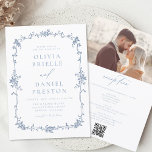 Convite Casamento com Código QR de Foto Francês Vintage vi<br><div class="desc">Traga seus convidados para uma era de elegância e romance com nosso Convite de Casamento Floral Azul Vitoriano Vintage. Inspirado pela opulência da era vitoriana e adornado com delicados florais azuis franceses, esse convite expele sofisticação do eterno. Feita com muita atenção aos detalhes, a intrincada design floral e a tipografia...</div>