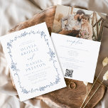 Convite Casamento com Código QR de Foto Francês Vintage vi<br><div class="desc">Traga seus convidados para uma era de elegância e romance com nosso Convite de Casamento Floral Azul Vitoriano Vintage. Inspirado pela opulência da era vitoriana e adornado com delicados florais azuis franceses, esse convite expele sofisticação do eterno. Feita com muita atenção aos detalhes, a intrincada design floral e a tipografia...</div>