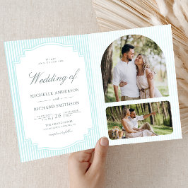 Convite Casamento com Código QR de Foto Listrada Azul Past