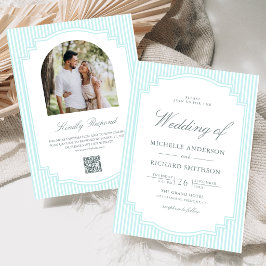 Convite Casamento com Código QR de Foto Listrada Azul Past