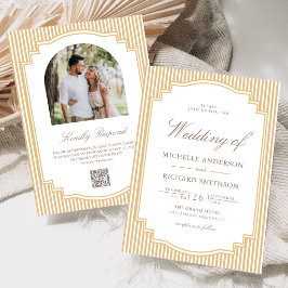 Convite Casamento com Código QR de Foto Listrada Bege Clás