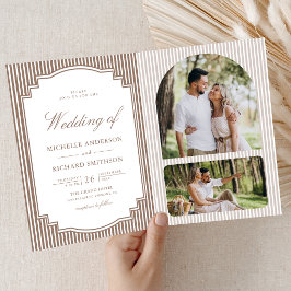 Convite Casamento com Código QR de Foto Listrada Marrom Mo