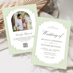 Convite Casamento com Código QR de Foto Listrado em Verde