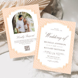Convite Casamento com Código QR de Foto Listrado Laranja C