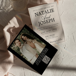 Convite Casamento com Código QR de Foto Preto Creme Antigo