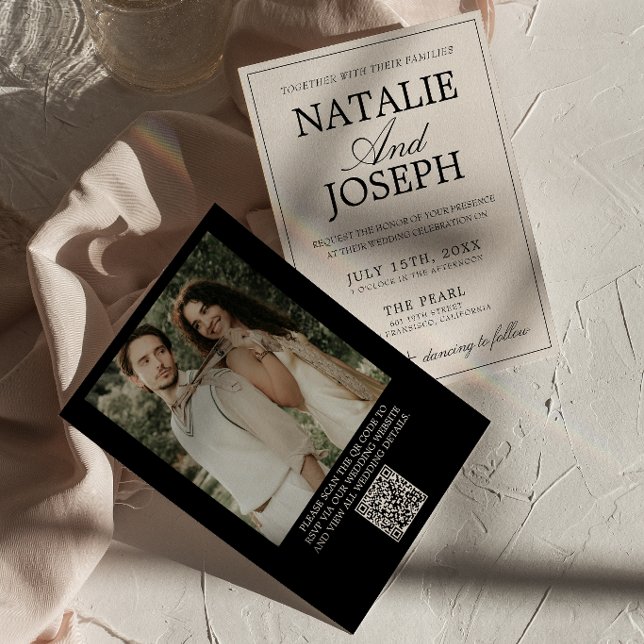 Convite Casamento com Código QR de Foto Preto Creme Antigo (Criador carregado)