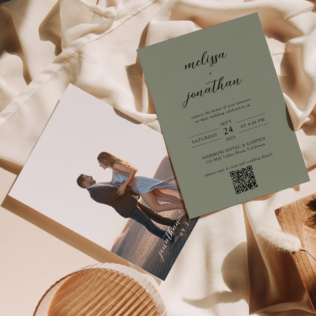 Convite Casamento com Código QR de Foto Preto e Verde Salv (Criador carregado)
