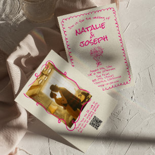 Convite Casamento com Código QR de Foto Rosa Vívido e Rosa