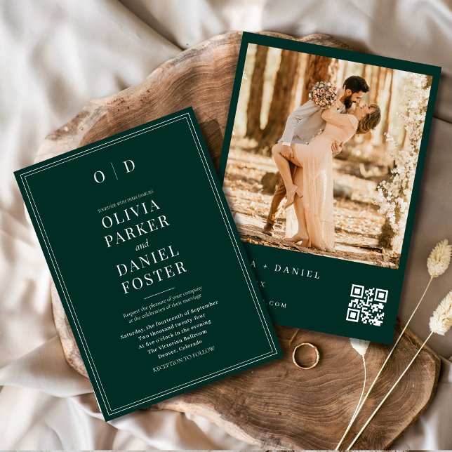Convite Casamento com Código QR de Foto Verde Moderno Emer (Criador carregado)