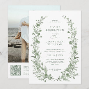 Convite Casamento com Código QR de Foto Vintage em Verde S
