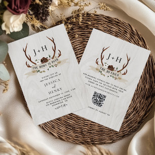 Convite Casamento com Código QR de Galhadas Rústicas A Caç
