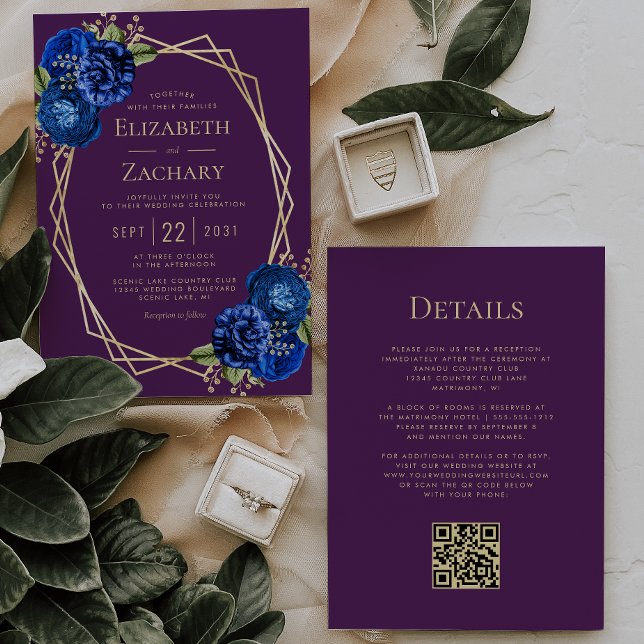 Convite Casamento com código QR de Geo Dourado Floral Real (Criador carregado)
