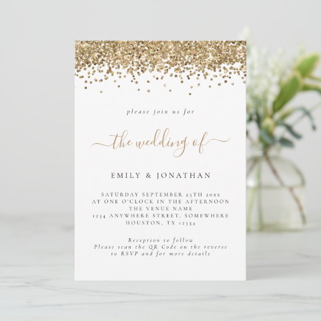 Convite Casamento com Código QR de Glitter Dourado Elegant (Em pé/Frente)