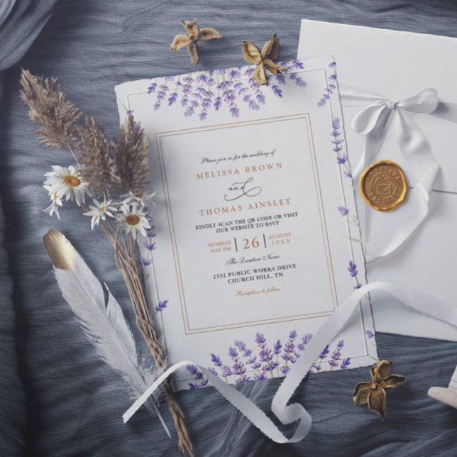 Convite Casamento com Código QR de Lavanda em Aquarela Clá (Criador carregado)