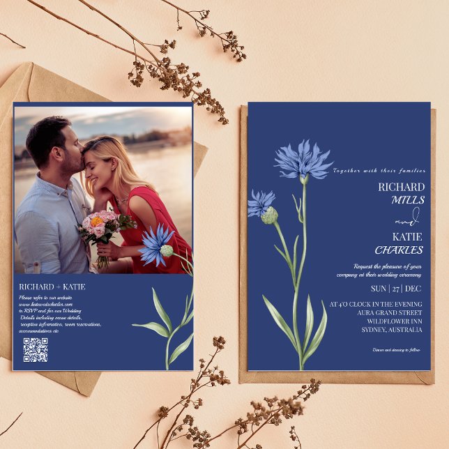 Convite Casamento com código Qr de na moda Floral azul-poe (Criador carregado)