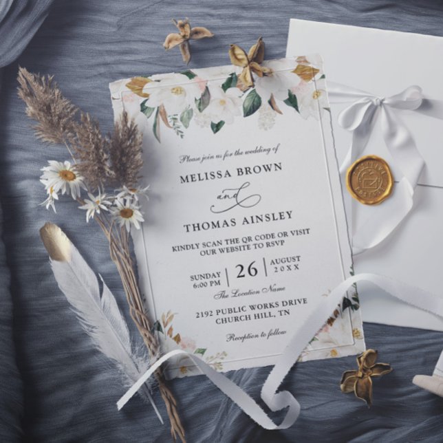Convite Casamento com Código QR de Orçamento de Magnólia e (Criador carregado)