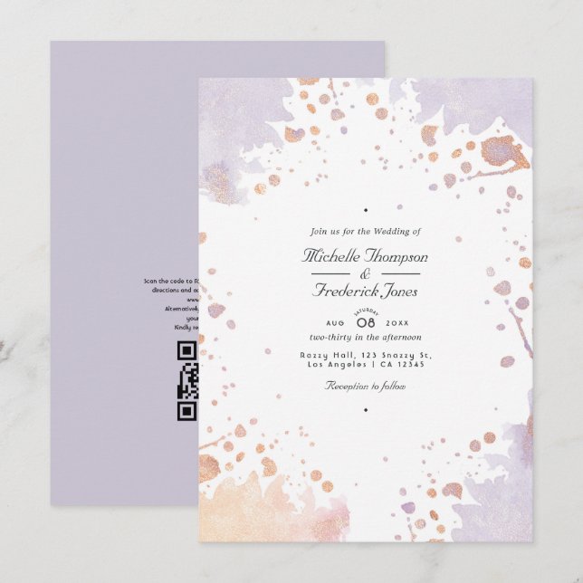 Convite Casamento com Código QR de Pintura Rosa Dourado e  (Frente/Verso)