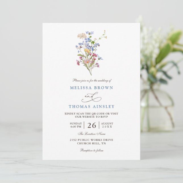 Convite Casamento com Código QR de Prado de Flores Silvest (Em pé/Frente)