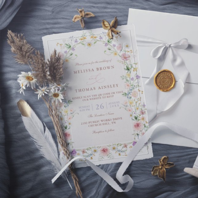 Convite Casamento com Código QR de Prado de Flores Silvest (Criador carregado)