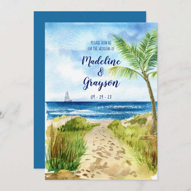 Convite Casamento com Código QR de Praia da Aquarela Casua (Frente/Verso)