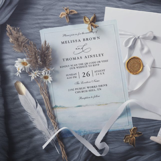 Convite Casamento com Código QR de Praia em Aquarela Elega (Criador carregado)
