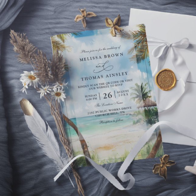 Convite Casamento com Código QR de Praia Tropical em Tulum (Criador carregado)