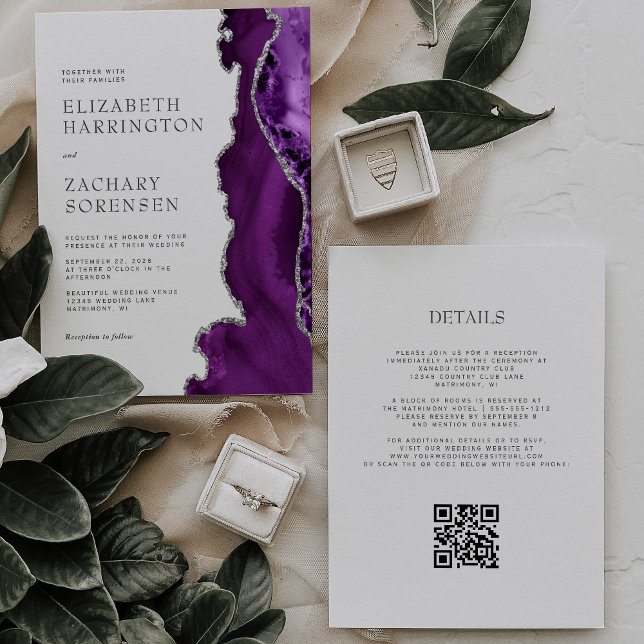 Convite Casamento com Código QR de Prata de Agato Roxo Ele (Criador carregado)