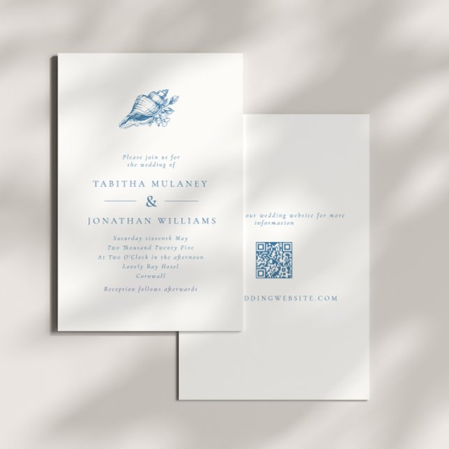 Convite Casamento com Código QR de Seashell de Vintagem Az (Criador carregado)
