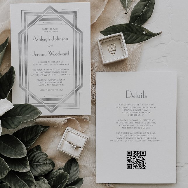 Convite Casamento com Código QR Deco de 1920 de Prata Bran (Criador carregado)