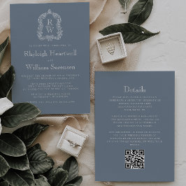 Convite Casamento com Código QR do Brasão Monograma Azul E