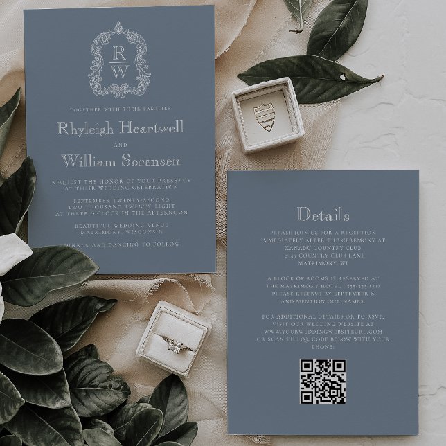 Convite Casamento com Código QR do Brasão Monograma Azul E (Criador carregado)