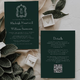 Convite Casamento com Código QR do Brasão Monograma Verde
